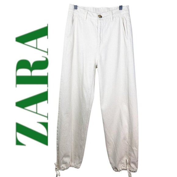 ZARA Ivory Cream 100% Cotton Wide Leg High Rise Drawstring Cuff Jeans, Size Smal - Picture 11 of 12